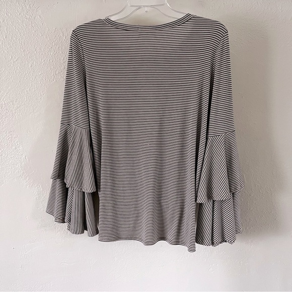 Altar’d State | Tan Black Striped Tiered Ruffled Bell Sleeve Top, Small - Picture 5 of 6